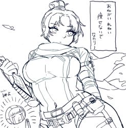 Rule 34 | 2girls, animification, apex legends, belt, bodysuit, breasts, covered navel, crying, greyscale, highres, holding, holding knife, knife, kunai, looking to the side, medium breasts, monochrome, multiple girls, own hands together, parted bangs, scarf, shimijimi, sketch, solo focus, wattson (apex legends), weapon, white background, wraith&#039;s kunai, wraith (apex legends)