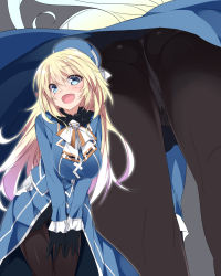 Rule 34 | 10s, 1girl, atago (kancolle), beret, black gloves, black pantyhose, blonde hair, blue eyes, blush, breast press, breasts, commentary request, cowboy shot, eyes visible through hair, from below, gloves, hair between eyes, hat, highres, kantai collection, large breasts, leaning forward, long hair, looking at viewer, military, military uniform, mtu (orewamuzituda), multiple views, open mouth, pan-pa-ka-paaan!, panties, panties under pantyhose, pantyhose, underwear, uniform