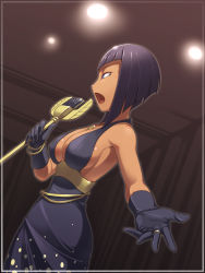 Rule 34 | 1girl, ankh, backless outfit, bangle, belly chain, black dress, black gloves, black hair, blue eyes, blunt bangs, bob cut, border, bracelet, breasts, dark-skinned female, dark skin, dress, egyptian, eliza (skullgirls), eyeliner, ginger (pixiv), gloves, highres, jewelry, large breasts, lots of jewelry, makeup, microphone, microphone stand, music, necklace, no headwear, open mouth, ring, short hair, sideboob, singing, skullgirls, solo
