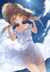 Rule 34 | 1girl, :o, bare shoulders, blue sky, blush, breasts, brown eyes, brown hair, bunching hair, cleavage, cloud, cloudy sky, collarbone, commentary, commission, copyright request, cowboy shot, dress, harui (hr x9 ), hat, highres, lens flare, long hair, medium breasts, off-shoulder dress, off shoulder, open mouth, outdoors, see-through, set, skeb commission, sky, solo, straw hat, sun, sun hat, sundress, sunlight, thighs, water drop, wet, wet clothes, wet dress, wet lens, white dress