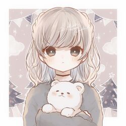 Rule 34 | 1girl, animal, animal hug, bear, black choker, blush, border, bright pupils, bunting, choker, christmas tree, cloud, commentary request, cub, day, diagonal stripes, dot nose, expressionless, gradient eyes, grey eyes, grey hair, grey theme, long sleeves, looking at viewer, medium hair, mokunoki, multicolored eyes, muted color, original, outdoors, outside border, parted lips, purple shirt, purple sky, shirt, signature, sky, solo, star (sky), star (symbol), starry sky, striped, upper body, white border, white pupils