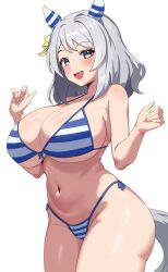 Rule 34 | 1girl, :d, alternate breast size, alternate costume, animal ears, ass, bikini, blue bikini, blush, bow, breasts, brown eyes, cleavage, clenched hands, collarbone, commentary request, cowboy shot, curvy, ear covers, ear ribbon, from side, front-tie bikini top, front-tie top, grey hair, halterneck, hands up, happy, highleg, highleg bikini, highres, hishi miracle (umamusume), horse ears, horse girl, horse tail, huge breasts, looking at viewer, medium hair, micro bikini, navel, open mouth, parted bangs, ribbon, shiny skin, side-tie bikini bottom, sideboob, simple background, smile, solo, standing, stomach, string bikini, striped bikini, striped clothes, swept bangs, swimsuit, tail, teeth, thick thighs, thighs, umamusume, underboob, upper teeth only, white background, white bikini, yellow ribbon, zukanosuke
