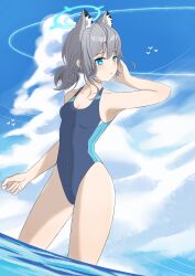 Rule 34 | 1girl, absurdres, animal ear fluff, animal ears, baigui yueyou, black one-piece swimsuit, blue archive, blue eyes, blue sky, breasts, chinese commentary, cloud, competition swimsuit, covered navel, cross hair ornament, day, extra ears, grey hair, hair ornament, halo, highres, looking to the side, low ponytail, medium hair, mismatched pupils, multicolored clothes, multicolored swimsuit, official alternate costume, one-piece swimsuit, outdoors, shiroko (blue archive), shiroko (swimsuit) (blue archive), sky, small breasts, solo, standing, swimsuit, wading, wolf ears