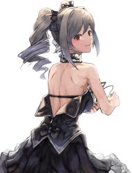 Rule 34 | 1girl, bad id, bad pixiv id, black bow, black bra, black skirt, blush, bow, bra, from behind, gimnang, grey hair, hair bow, highres, idolmaster, idolmaster cinderella girls, kanzaki ranko, long hair, looking at viewer, looking back, pleated skirt, red eyes, simple background, skirt, solo, twintails, underwear, unzipped, white background