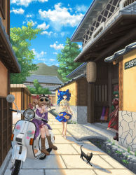 Rule 34 | 3girls, absurdres, alley, architecture, bare legs, barefoot, belt boots, blue eyes, blue hair, blue skirt, blue sky, boots, bow, brown hair, building, cat, cloud, coat, cross-laced footwear, dress, drill hair, east asian architecture, expressionless, eyewear on head, green hair, hair bow, hair ribbon, hat, highres, hooded shirt, kagiyama hina, lace-up boots, long hair, mini hat, moped, motor vehicle, mountain, multiple girls, outdoors, purple coat, red dress, ribbon, short sleeves, skirt, sky, syuraime 0, touhou, tree, umbrella, yorigami jo&#039;on, yorigami shion