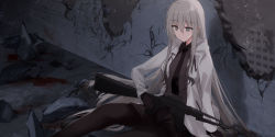 Rule 34 | 1girl, an-94, assault rifle, black gloves, black necktie, black pantyhose, black shirt, black shorts, blood, borrowed character, building, closed mouth, collared shirt, damaged, drawstring, ear piercing, earrings, feet out of frame, gloves, grey eyes, grey hair, gun, highres, holding, holding gun, holding weapon, jacket, jewelry, kinona, pantyhose under shorts, long hair, long sleeves, necktie, open clothes, open jacket, original, pantyhose, piercing, rifle, ruins, shirt, short shorts, shorts, sitting, solo, stud earrings, very long hair, wall, weapon, white jacket, zoya petrovna vecheslova