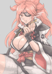 Rule 34 | arc system works, baiken, bandages, breasts, cleavage, eyepatch, facial tattoo, grey background, guilty gear, high ponytail, highres, hilt, jacket, jacket on shoulders, japanese clothes, katana, looking at viewer, looking to the side, one eye closed, parted lips, pink eyes, pink hair, pota (nabrinko), rope, scar, scar across eye, scar on face, shimenawa, smoking pipe, solo, sword, tattoo, weapon