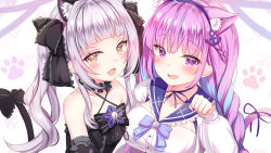 Rule 34 | 2girls, :d, ahoge, alternate hairstyle, animal ears, arm up, bare shoulders, black dress, blue hair, blue sailor collar, blunt bangs, bow, braid, breasts, cat ears, cat girl, cat tail, close-up, collarbone, colored inner hair, commentary request, detached sleeves, dress, fang, hair ribbon, hand around wrist, highres, hololive, kemonomimi mode, large breasts, long hair, long sleeves, looking at viewer, minato aqua, minato aqua (sailor), multicolored hair, multiple girls, murasaki shion, murasaki shion (gothic lolita), neck ribbon, open mouth, paw pose, paw print, purple eyes, purple hair, ribbon, sailor collar, sidelocks, silver hair, small breasts, smile, tail, tail bow, tail ornament, twin braids, two-tone hair, upper body, virtual youtuber, white background, white dress, yuano