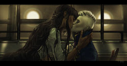 Rule 34 | 1boy, 1girl, alena ymhin, asymmetrical hair, black hair, bracelet, braid, character request, colored skin, commission, crown braid, dark skin, freckles, french kiss, hetero, high collar, highres, interracial, interspecies, jacket, jewelry, kiss, leaning forward, letterboxed, military, military jacket, military uniform, nose, original, pale skin, realistic, shirt, sidelocks, sitting, space, tears, uniform, white hair, white shirt, white skin, window