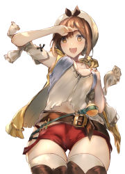 Rule 34 | 1girl, :d, araido kagiri, atelier (series), atelier ryza, atelier ryza 1, belt, breasts, brown eyes, brown hair, commentary request, cowboy shot, detached sleeves, flask, hair ornament, hairclip, hat, highres, looking at viewer, medium breasts, open mouth, red shorts, reisalin stout, short shorts, shorts, simple background, smile, solo, star (symbol), teeth, thigh gap, thighhighs, thighs, upper teeth only, white background