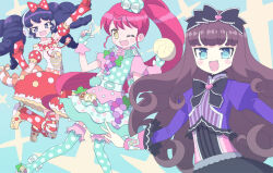 Rule 34 | 3girls, :d, arm up, baozi, black hair, blue dress, blue eyes, blue thighhighs, blush, bow, brown hair, commentary request, dress, fang, food, gaaruru (pripara), gloves, hair bow, hands up, headphones, holding, holding food, idol clothes, index finger raised, juliet sleeves, jumping, ku (residual666), kurosu aroma, long hair, long sleeves, looking at viewer, multiple girls, one eye closed, open mouth, outstretched arm, polka dot, polka dot dress, ponytail, pretty series, pripara, puffy short sleeves, puffy sleeves, purple shirt, red gloves, red hair, red skirt, shiratama mikan, shirt, short sleeves, sidelocks, skirt, smile, sparkle, thighhighs, twintails, very long hair, yellow eyes