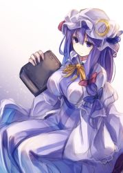 Rule 34 | 1girl, book, bow, colorized, crescent, dress, fal maro, gradient background, hair bow, hair ornament, hat, hat bow, highres, long hair, long sleeves, looking at viewer, looking up, md5 mismatch, mob cap, patchouli knowledge, purple eyes, purple hair, resized, simple background, sitting, sketch, solo, striped clothes, striped dress, touhou, vest, wide sleeves