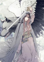 Rule 34 | 1girl, amputee, animal, arm up, brown hair, chinese clothes, cloak, dog, feathered wings, feet out of frame, grey cloak, hienn (juuni kokuki), holding, holding sword, holding weapon, hood, hood up, hooded cloak, jian (weapon), juuni kokuki, kyusui polymer, long hair, long sleeves, looking at viewer, purple robe, red hair, risai (juuni kokuki), robe, sash, scabbard, sheath, standing, sword, tongue, tongue out, unsheathed, weapon, wings