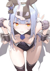 Rule 34 | 1girl, animal ears, black dress, blue hair, breasts, cowboy shot, detached sleeves, downblouse, dress, fake animal ears, garter straps, hat, highres, hololive, leaning forward, leotard, leotard pull, long hair, looking at viewer, mask, mask on head, mini hat, mini top hat, mitsuru (pixiv 34028718), nipples, open mouth, rabbit ears, rabbit mask, short sleeves, simple background, small breasts, solo, standing, thick eyebrows, thighhighs, top hat, usada pekora, usada pekora (furi furi bunny dress), virtual youtuber, white background, wrist cuffs