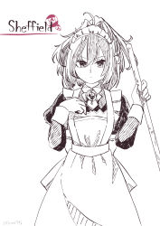 Rule 34 | 1girl, absurdres, alternate costume, apron, breasts, broom, character name, cowboy shot, enmaided, highres, holding, holding broom, kantai collection, long hair, maid, maid apron, maid headdress, messy hair, monochrome, nami nami (belphegor-5812), sheffield (kancolle), small breasts, solo, wrist cuffs