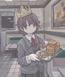 Rule 34 | 1girl, absurdres, asymmetrical hair, booth seating, brown eyes, brown hair, burger, burger king, cowboy shot, crown, cup, expressionless, fast food, food, french fries, gudon udon, hair ornament, highres, holding, holding tray, indoors, iwakura lain, jacket, long sleeves, looking at viewer, pastel colors, restaurant, school uniform, serial experiments lain, single sidelock, solo, tray, whopper, x hair ornament