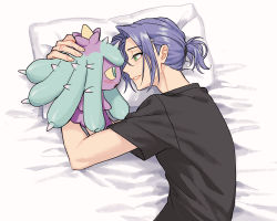 Rule 34 | 1boy, bed, bed sheet, black shirt, blush, commentary request, creatures (company), eye contact, game freak, gen 7 pokemon, green eyes, hand on another&#039;s head, highres, james (pokemon), light purple hair, looking at another, lying, mareanie, nintendo, on side, pillow, pokemon, pokemon (anime), pokemon (creature), pokemon sm (anime), ponytail, ruru (gi xxy), shirt, short ponytail, team rocket