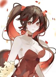 Rule 34 | 1girl, alternate costume, bare arms, bare shoulders, blurry, blurry background, bouquet, breasts, brown hair, chinese commentary, choker, cleavage, colored inner hair, colored tips, commentary, confetti, dress, eoo eewei, flower, hair between eyes, highres, long hair, looking at viewer, lucia (punishing: gray raven), medium breasts, multicolored hair, punishing: gray raven, red choker, red dress, red eyes, red hair, solo, strapless, strapless dress, streaked hair, twintails, upper body, yellow flower