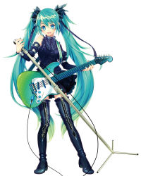 Rule 34 | 1girl, :d, bad id, bad pixiv id, black footwear, black shirt, black skirt, blue eyes, blue hair, boots, cable, contrapposto, detached sleeves, electric guitar, fender stratocaster, full body, gothic lolita, gradient hair, green hair, guitar, hair between eyes, hair ribbon, hatsune miku, highres, holding, holding instrument, holding microphone, instrument, lolita fashion, long hair, looking at viewer, microphone, microphone stand, miniskirt, multicolored hair, open mouth, renta (deja-vu), ribbon, shirt, simple background, skirt, sleeveless, sleeveless shirt, smile, solo, standing, thigh boots, thighhighs, twintails, two-tone hair, very long hair, vocaloid, white background