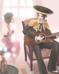Rule 34 | 1boy, 1girl, acoustic guitar, brown eyes, brown hair, edna capone, green eyes, guitar, hat, instrument, ricardo gomez, shadow hearts, shadow hearts from the new world