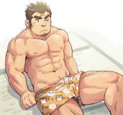 Rule 34 | 1boy, abs, animal print, arm hair, bara, blush, boxers, brown hair, bulge, chest hair, cross scar, facial hair, feet out of frame, hairy, houzouin oniwaka, large pectorals, leg hair, long sideburns, male focus, male underwear, male underwear pull, muscular, muscular male, navel, navel hair, nipples, one eye closed, orange boxers, orange male underwear, pectorals, print boxers, print clothes, print male underwear, print underwear, pulled by self, scar, scar on face, scar on forehead, short hair, sideburns, sitting, solo, spiked hair, stomach, stubble, suv (suv032), thick eyebrows, thick thighs, thighs, tokyo houkago summoners, underwear, underwear only, undressing