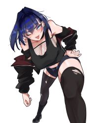 Rule 34 | 1girl, absurdres, alternate costume, black tank top, blue eyes, blue hair, breasts, cleavage, crop top, cropped shirt, fang, fishnet top, fishnets, hair intakes, highres, hololive, hololive english, jacket, koizumi arata, large breasts, looking at viewer, open clothes, open jacket, ouro kronii, pantyhose, skin fang, solo, tank top, tongue, tongue out, virtual youtuber
