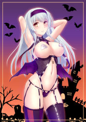 Rule 34 | 1girl, alternate costume, arms up, asymmetrical legwear, black thighhighs, blush, breasts, commission, covered erect nipples, halloween, halloween costume, headband, highres, kantai collection, large breasts, long hair, looking at viewer, mismatched legwear, navel, parted lips, pasties, ryu-akt, see-through, shoukaku (kancolle), skeb commission, solo, striped clothes, striped thighhighs, thighhighs, tombstone, white hair, wings