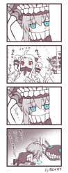 Rule 34 | 10s, 2girls, 4koma, abyssal ship, ahoge, aqua eyes, colored skin, comforting, comic, crying, crying with eyes open, dress, gloom (expression), headgear, unworn headwear, horns, kantai collection, long hair, mittens, multiple girls, northern ocean princess, oukawa yuu, peeking out, red eyes, tears, tentacles, translation request, white dress, white hair, white skin, wo-class aircraft carrier