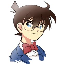 Rule 34 | 1boy, blue eyes, blue jacket, bow, bowtie, brown hair, collared shirt, commentary request, edogawa conan, glasses, hair between eyes, jacket, looking up, male focus, meitantei conan, pirkgk4869, red bow, red bowtie, shirt, short hair, simple background, smile, solo, upper body, white background, white shirt