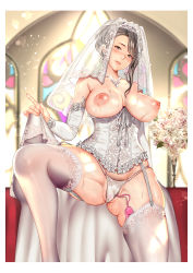 Rule 34 | 1girl, blush, bouquet, breasts, bridal veil, bride, church, commentary request, corset, detached sleeves, dress, egg vibrator, female pubic hair, flower, frilled corset, frills, garter straps, hair bun, highres, indoors, jewelry, lace, lace-trimmed legwear, lace trim, large breasts, mature female, mole, mole under eye, necklace, nipples, ono itaru, original, panties, parted lips, pubic hair, pussy juice, remote control vibrator, sex toy, silver hair, single hair bun, single sidelock, skindentation, skirt, solo, spread legs, sweat, thighhighs, thighs, underwear, unworn dress, unworn skirt, veil, vibrator, vibrator in thighhighs, vibrator under clothes, vibrator under panties, wedding, wedding dress, white dress, white panties, white thighhighs
