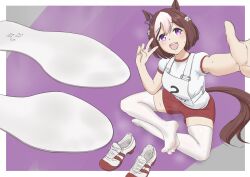 Rule 34 | 1girl, absurdres, animal ears, border, bow, braid, breasts, brown hair, commentary request, crossed legs, ear bow, feet, french braid, gym uniform, highres, horse ears, horse girl, horse tail, indian style, medium breasts, no shoes, on ground, open mouth, original race uniform (umamusume), puffy short sleeves, puffy sleeves, purple background, purple bow, purple eyes, race bib, red shorts, shirt, shoe soles, shoes, short hair, short sleeves, shorts, simple background, sitting, smile, soles, solo, special week (umamusume), tail, thighhighs, treadml, umamusume, unworn shoes, v, white border, white shirt, white thighhighs