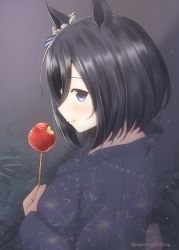 Rule 34 | 1girl, animal ears, black hair, blue eyes, blush, bow, candy apple, ear ribbon, eating, eishin flash (umamusume), floral print, food, food in mouth, from side, hair between eyes, holding, holding food, horse ears, horse girl, japanese clothes, kimono, long sleeves, looking at viewer, mae (maesanpicture), night, outdoors, profile, short hair, solo, twitter username, umamusume, upper body, yukata