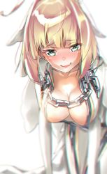 Rule 34 | 1girl, ahoge, bad id, bad pixiv id, blonde hair, blouse, blurry, breasts, chain, chromatic aberration, cleavage, collarbone, depth of field, downblouse, fate/extra, fate/extra ccc, fate/grand order, fate (series), green eyes, hanging breasts, heart, heart-shaped pupils, highres, large breasts, leaning forward, lips, looking at viewer, nero claudius (bride) (fate), nero claudius (fate), nero claudius (fate) (all), open clothes, rolua, shirt, simple background, smile, solo, symbol-shaped pupils, upper body, white background