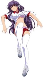 Rule 34 | 00s, 1girl, bra, clannad, clothes lift, fujibayashi kyou, gym uniform, lingerie, panties, shirt lift, solo, striped bra, striped clothes, thighhighs, underwear, white thighhighs