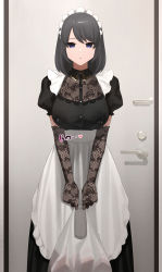Rule 34 | 1girl, apron, bag, black dress, black gloves, black hair, blue eyes, breasts, closed mouth, collared dress, dress, elbow gloves, expressionless, gloves, heart, highres, holding, holding bag, indoors, lace, lace gloves, lactation, lactation through clothes, large breasts, looking at viewer, maid, maid headdress, medium hair, mole, mole on neck, original, paid reward available, plastic bag, puffy short sleeves, puffy sleeves, senju (snz0), short sleeves, solo, standing, translation request, waist apron, white apron