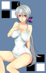 Rule 34 | asanome, breasts, hand on own chest, highres, large breasts, red eyes, silver hair, swimsuit, vocaloid, yowane haku