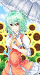 Rule 34 | 1girl, adapted costume, arm behind back, ascot, bad id, bad pixiv id, blue sky, cloud, day, dress, field, flower, flower field, frilled dress, frills, garden of the sun, green hair, highres, kazami yuuka, layered dress, looking at viewer, parasol, plaid, plaid vest, red eyes, short hair, siyusiyu13, sky, smile, solo, sunflower, sunflower field, touhou, umbrella, upper body, vest, wind, wind lift