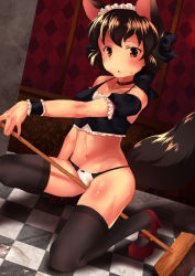 Rule 34 | 10s, 1girl, animal ears, argyle, bad id, bad pixiv id, blush, bow, bow panties, breasts, broom, brown eyes, brown hair, caesar (girls und panzer), cameltoe, checkered floor, cleavage, collar, dog ears, dog tail, girls und panzer, groin, highres, maid, maid headdress, navel, open mouth, panties, small breasts, solo, sweat, tail, thighhighs, thong, toyosu toyosu, underwear