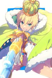 Rule 34 | 1girl, ahoge, artoria pendragon (fate), artoria pendragon (swimsuit archer) (fate), artoria pendragon (swimsuit archer) (third ascension) (fate), blonde hair, bow, bowtie, braid, cape, character name, commentary request, crown, echo (circa), english text, fate/grand order, fate (series), french braid, fur-trimmed cape, fur trim, green cape, green eyes, hair between eyes, holding, holding water gun, holding weapon, looking at viewer, one-piece swimsuit, short hair, solo, swimsuit, teeth, twitter username, water gun, weapon, white one-piece swimsuit, yellow bow