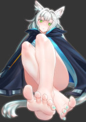 Rule 34 | 1girl, animal ears, aqua nails, arknights, bare legs, barefoot, black background, blue coat, blue hair, blurry, blush, cat ears, cat girl, cat tail, chinese commentary, coat, commentary, crossed legs, depth of field, earpiece, english commentary, eyelashes, feet, foot focus, foreshortening, full body, gradient hair, green eyes, head tilt, highres, knees to chest, legs, light blue hair, lips, looking at viewer, mixed-language commentary, multicolored hair, nail polish, outline, parted lips, rosmontis (arknights), short hair, silver hair, simple background, sitting, soles, solo, spread toes, tail, thighs, toenail polish, toenails, toes, two-tone hair, yamauchi (conan-comy)