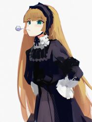 Rule 34 | 1girl, blonde hair, blunt bangs, blush, chin strap, commentary, danraz0r, dress, frills, gosick, gothic lolita, gown, green eyes, hairband, highres, lolita fashion, lolita hairband, long hair, mouth hold, simple background, smoking pipe, solo, very long hair, victorica de blois, white background
