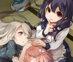 Rule 34 | 10s, 3girls, animal print, blonde hair, blue eyes, cropped jacket, hand fan, finger to mouth, fish print, from above, hair ornament, i-58 (kancolle), kantai collection, long hair, long sleeves, looking at viewer, looking up, multiple girls, nerokuro, one eye closed, paper fan, pink hair, purple hair, red eyes, short hair, shushing, sitting, taigei (kancolle), u-511 (kancolle), uchiwa, wariza, whale print