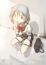 Rule 34 | 1girl, absurdres, alley, bag, blue eyes, blue hair, blush, highres, looking at viewer, mahou shoujo madoka magica, miki sayaka, open mouth, panties, panty pull, peeing, puddle, school bag, school uniform, solo, squatting, striped clothes, striped panties, tissue, underwear, yuuando