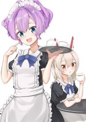 Rule 34 | 2girls, :d, :o, absurdres, alternate costume, apron, arm rest, ayanami (azur lane), azur lane, black dress, blue eyes, blue ribbon, blush, breasts, collarbone, collared dress, commentary request, cowboy shot, cup, dress, enmaided, frilled apron, frills, hair between eyes, head tilt, headgear, high ponytail, highres, holding, holding cup, holding tray, javelin (azur lane), long hair, looking at viewer, maid, maid apron, maid headdress, micchamu, multiple girls, neck ribbon, open mouth, orange eyes, platinum blonde hair, pointing, pointing at self, ponytail, puffy short sleeves, puffy sleeves, purple hair, ribbon, short sleeves, sidelocks, simple background, sitting, small breasts, smile, standing, table, teacup, teapot, teeth, tray, upper teeth only, white background