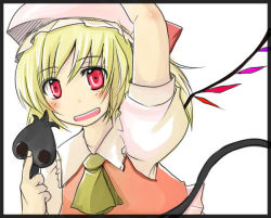 Rule 34 | 1girl, blonde hair, blouse, collared shirt, female focus, flandre scarlet, frilled vest, frills, hat, laevatein, mob cap, red eyes, ruku (alicecreation), shirt, solo, touhou, vest, white background, white hat, white shirt, wings