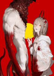 absurdres blood chainsaw_man demon demon_girl demon_horns flower hair_flower hair_ornament heavenmole highres horns intestines long_hair orange_eyes power_(chainsaw_man) tail