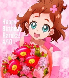 Rule 34 | 1girl, aqua eyes, bouquet, brown hair, character name, dated, eyebrows, flower, go! princess precure, half updo, happy birthday, haruno haruka, masako (sabotage-mode), pink background, pink rose, precure, rose, short hair, smile, solo, thick eyebrows
