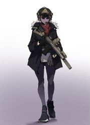Rule 34 | 1girl, absurdres, assault rifle, black coat, black footwear, black gloves, black headwear, closed mouth, coat, ear protection, full body, fur-trimmed coat, fur trim, gloves, grey pants, gun, helmet, highres, looking at viewer, m4 carbine, night vision device, orange hair, original, pants, pen guin15, red scarf, rifle, scarf, short hair, simple background, sketch, solo, tactical clothes, trigger discipline, weapon, white background