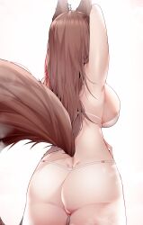 Rule 34 | 1girl, absurdres, alternate costume, amagi (azur lane), animal ears, arms up, ass, azur lane, back, bikini, breasts, brown hair, brown tail, butt crack, fox ears, fox girl, fox tail, from behind, highres, kitsune, large breasts, long hair, samip, sideboob, simple background, solo, swimsuit, tail, thighs, white background, white bikini
