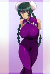 Rule 34 | 00s, 1girl, :&gt;, arms behind back, bare shoulders, braid, breasts, china dress, chinese clothes, closed mouth, double bun, dress, female focus, gradient background, green eyes, green hair, gundam, gundam 00, hair bun, ichijiku, large breasts, legs, long hair, looking at viewer, matching hair/eyes, purple dress, shiny clothes, simple background, sleeveless, smile, solo, standing, thighs, twin braids, wang liu mei, white background
